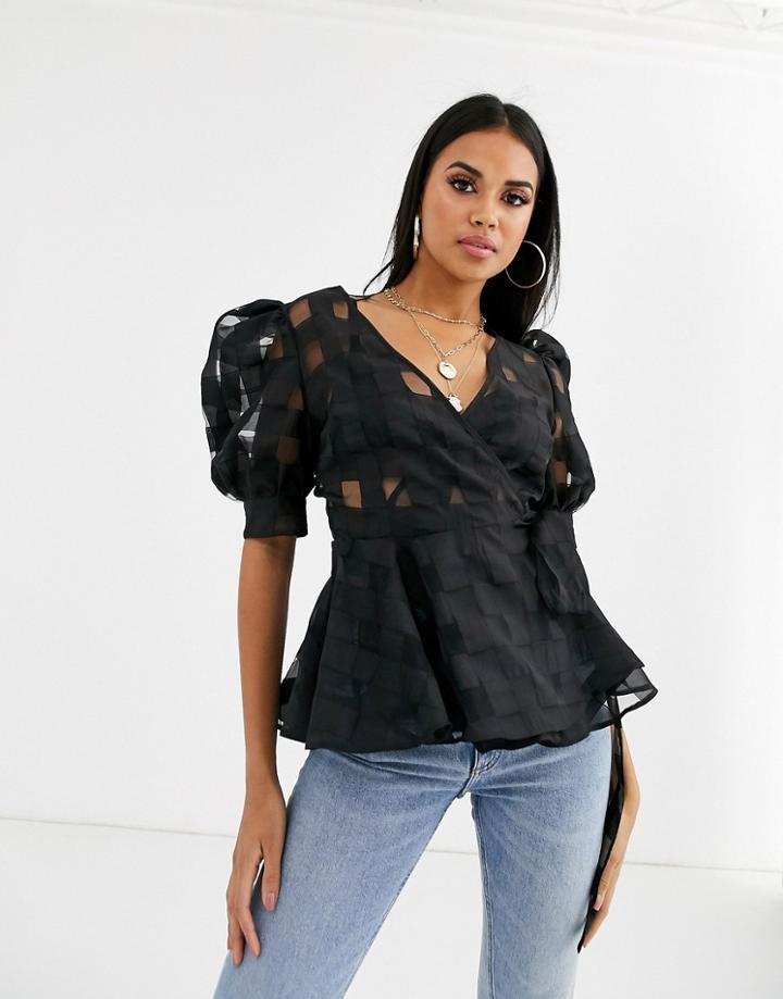 Asos Design Short Sleeve Check Organza Wrap Top - Black