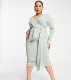 Asos Design Curve Wrap Tie Side Body-conscious Midi Dress In Sage-green