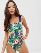 Asos Design Recycled Square Neck Elastic Swimsuit In Tropical Chain Print - Multi