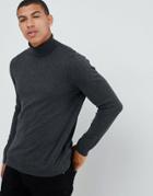 Asos Design Cotton Roll Neck Sweater In Charcoal - Gray