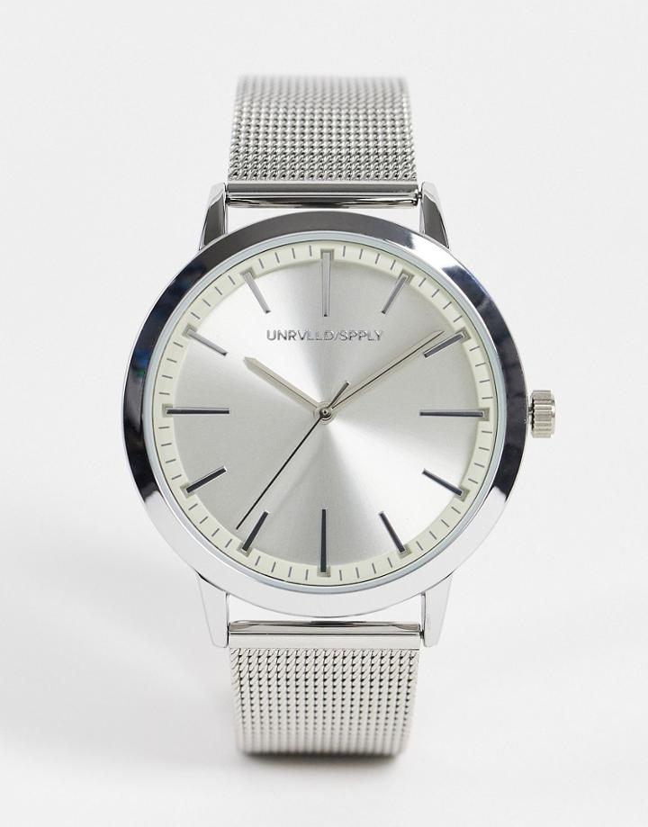 Asos Design Mesh Watch With Gray Face In Silver Tone