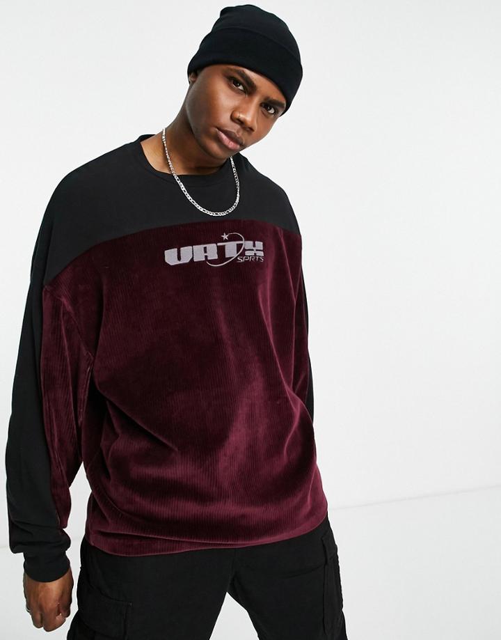 Asos Design Oversized Long Sleeve T-shirt In Burgundy And Black Color Block In Ribbed Velour-red