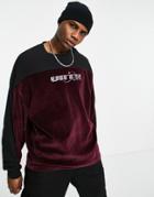 Asos Design Oversized Long Sleeve T-shirt In Burgundy And Black Color Block In Ribbed Velour-red