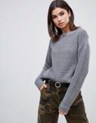 Boohoo Knitted Cred Neck Sweater In Gray - Gray