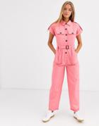 Asos Design Boiler Jumpsuit With Pockets And Button Detail-pink
