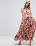 Asos Design Maternity Pleated Short Sleeve Maxi Dress In Pink Floral Print - Multi