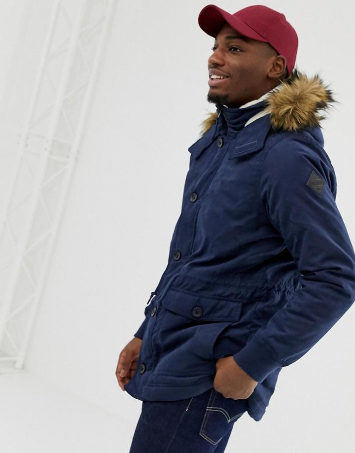 Hollister Lined Twill Hooded Parka With Faux Fur Trim In Navy - Navy