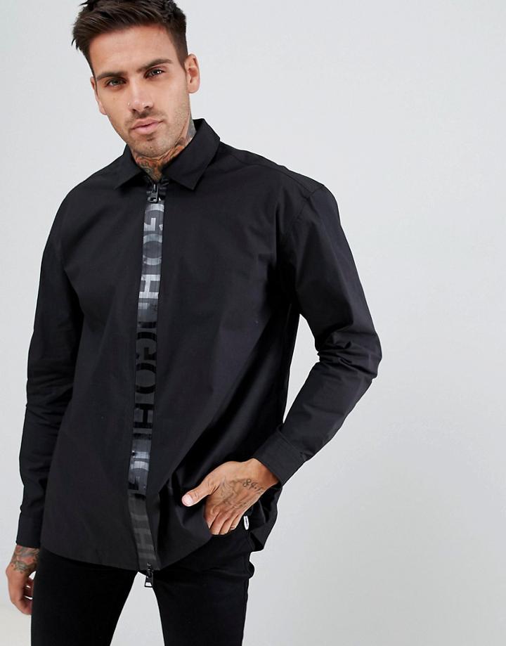 Hugo Eiry Regular Fit Zip Thru Tape Logo Poplin Stretch Shirt In Black - Black