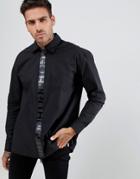 Hugo Eiry Regular Fit Zip Thru Tape Logo Poplin Stretch Shirt In Black - Black