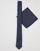 Asos Design Slim Navy Tie And Pocket Sqaure - Navy