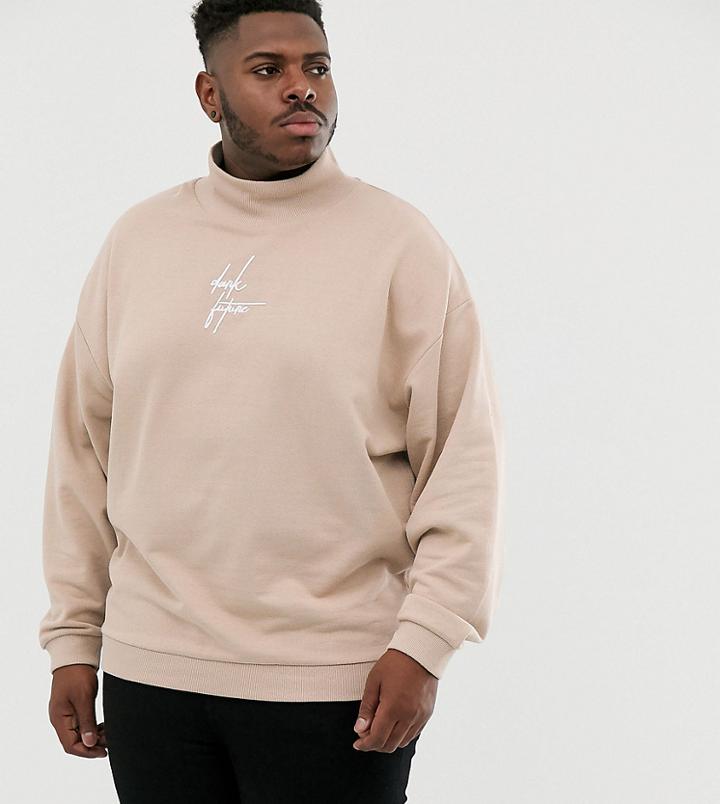 Asos Design Plus Oversized Funnel Neck Sweatshirt In Beige With Embroidered Dark Future Logo - Beige