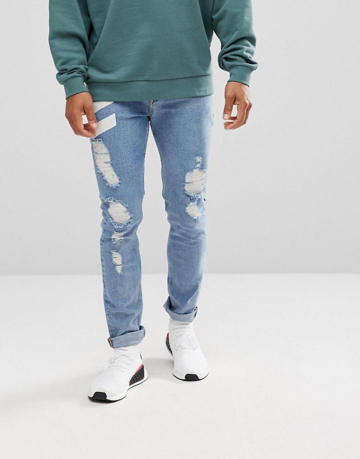 Asos Skinny Jeans In Mid Wash With Chevron Print And Rips - Blue