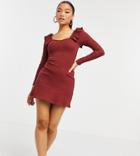 Topshop Petite Skater Dress With Ruffle Shoulder In Burgundy-red