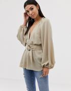 Asos Design Long Sleeve Plunge Top With Kimono Sleeve And Belt-tan