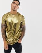 Asos Design Longline T-shirt In Metallic Fabric In Gold - Gold