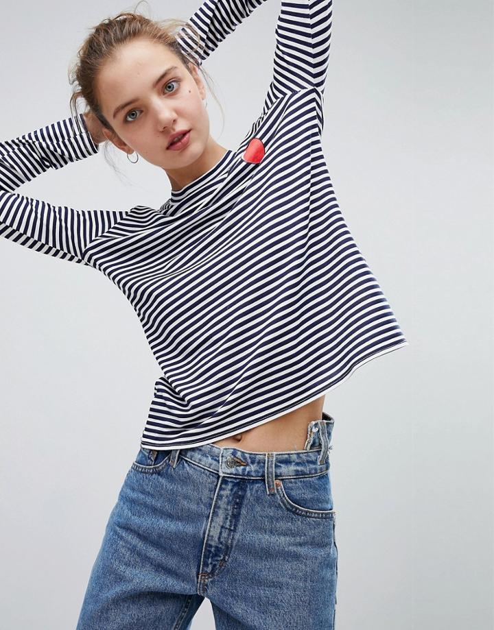 Daisy Street Long Sleeve T-shirt In Breton Stripe With Heart Print - Blue