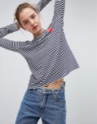 Daisy Street Long Sleeve T-shirt In Breton Stripe With Heart Print - Blue