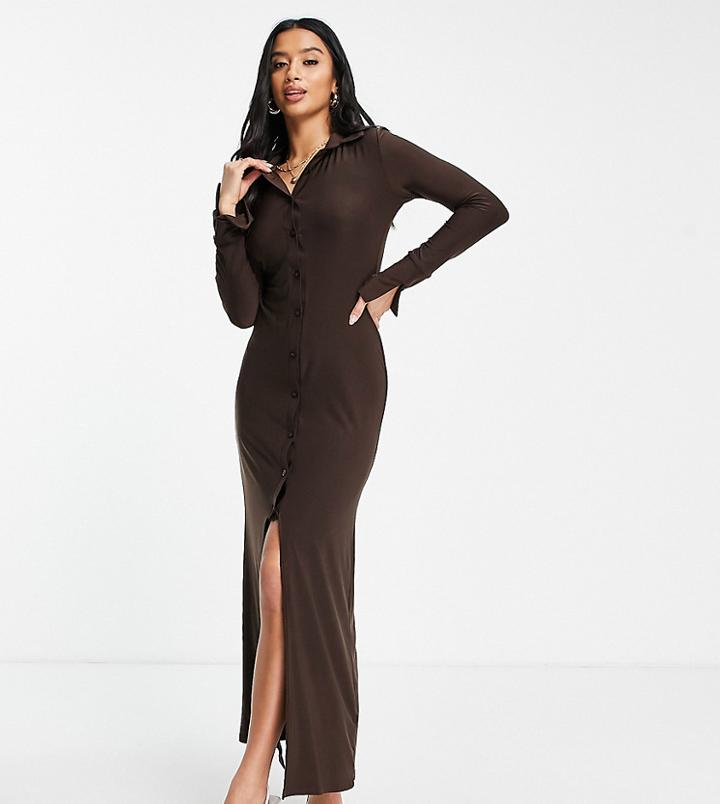 Asos Design Petite Long Sleeve Slinky Maxi Shirt Dress In Chocolate Brown