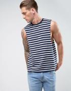 Asos Sleeveless Stripe Tank With Raw Edge Armhole - Navy