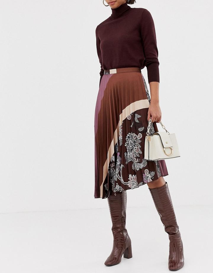 Mango Pleated Paisley Print Skirt - Black