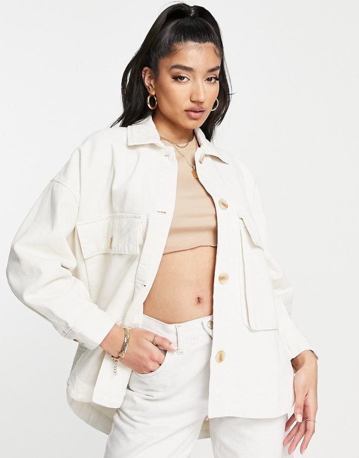 Stradivarius Oversized Cargo Jacket In Ecru-white