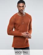 Asos Tall Longline Knitted Textured Mesh Sweater In Rust - Orange