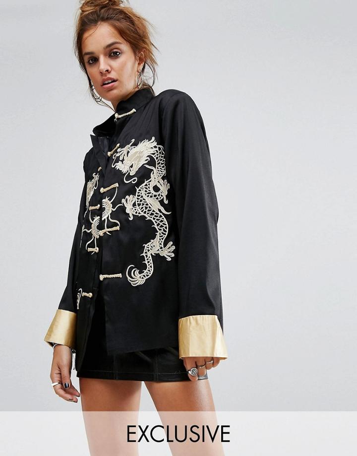 Reclaimed Vintage Inspired Dragon Jacket With Side Splits And Lace Trim - Black