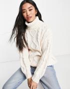 Monki Polyester High Neck Cable Knit Sweater In Off White - Ivory