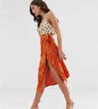 Never Fully Dressed Wrap Satin Midi Skirt In Orange Tiger Print - Multi
