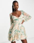 Asos Design Metallic Textured Godet Mini Skater Dress With Strappy Back In Swirly Print-multi