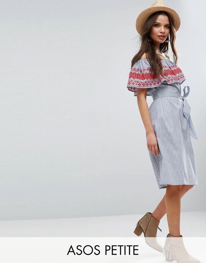 Asos Petite Off Shoulder Midi Sundress In Stripe Cotton With Embroider