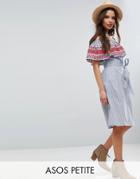 Asos Petite Off Shoulder Midi Sundress In Stripe Cotton With Embroider