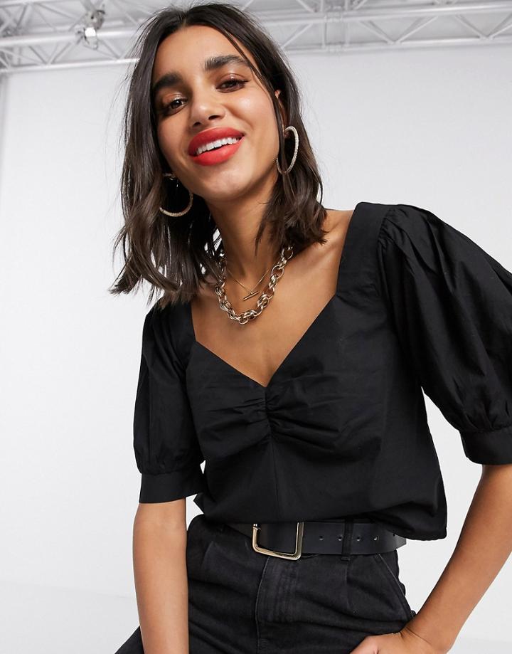 Stradivarius Balloon Sleeve Poplin Top In Black