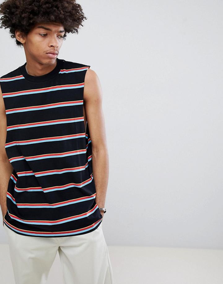 Asos Design Sleeveless T-shirt With Dropped Armhole And Bright Stripe - Black