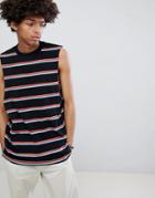 Asos Design Sleeveless T-shirt With Dropped Armhole And Bright Stripe - Black