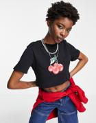 Noisy May Jersey Cherry Graphic Short Sleeve Crop Top In Black