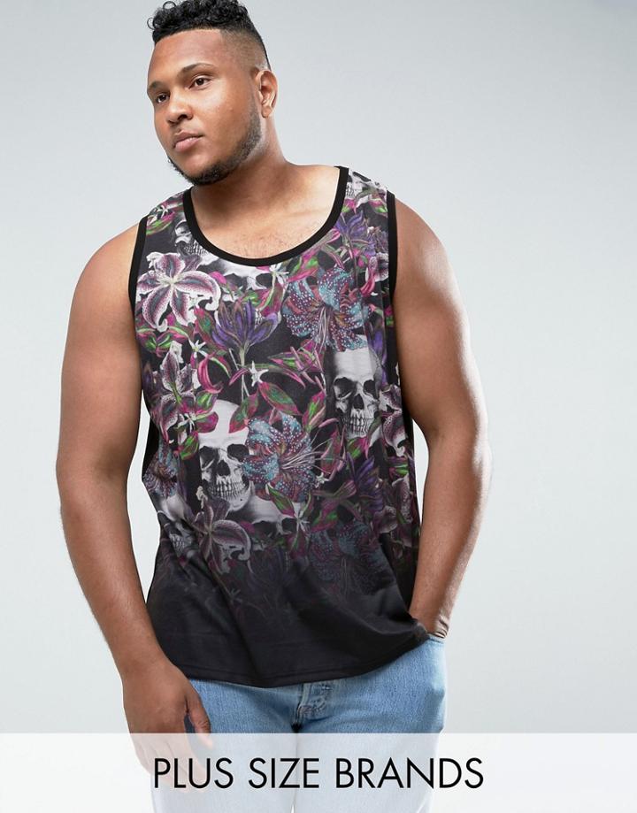 Jacamo Plus Tank With Skull And Floral Print In Black - Black