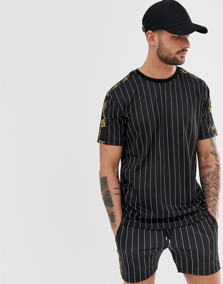 Asos Design Co -ord Relaxed T-shirt In Stripe With Baroque Sleeve Panels-black