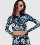 Collusion Long Sleeve Crop Top In Floral And Ruched Side-multi