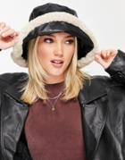 Glamorous Pu Bucket Hat With Faux Fur Trim In Black