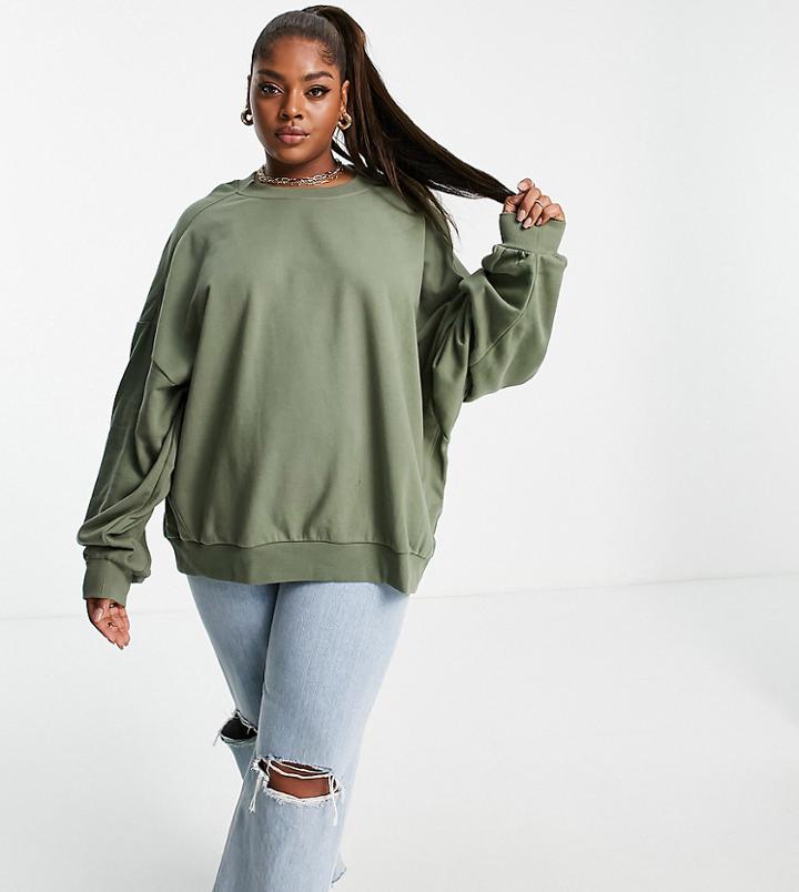 Asos Design Curve Super Oversized Cocoon Sweatshirt With Seam Detail In Khaki-green