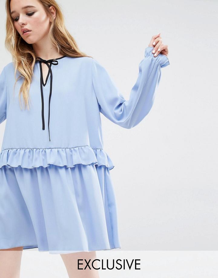 Reclaimed Vintage Ruffle Hem Smock Dress - Blue