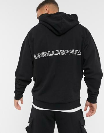 Asos Unrvlld Spply Oversized Hoodie With Back Logo Print-black