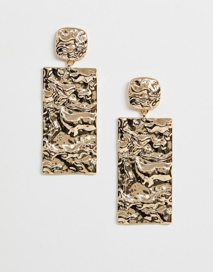 Asos Design Earrings With Molten Stud And Rectangle Drop In Gold Tone - Gold