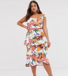 True Violet Plus Bardot Midi Dress With Frill Skirt In Floral-multi