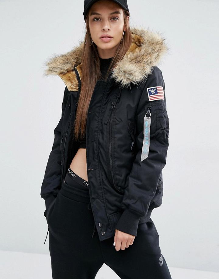 Alpha Industries Polar Bomber Jacket With Faux Fur Hood - Black