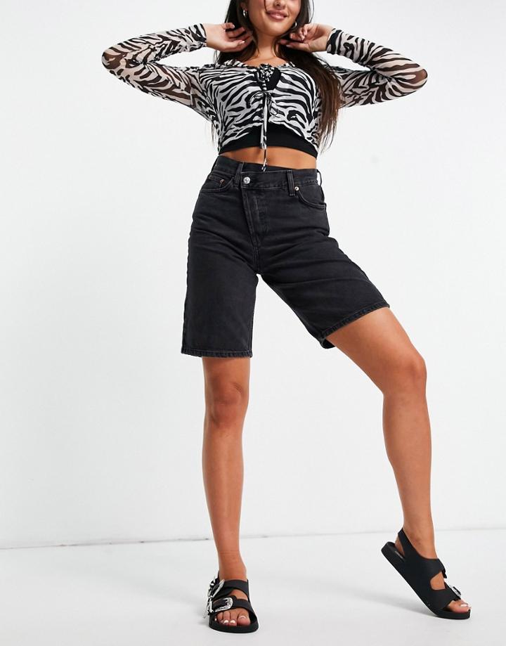 Topshop Wrap Long-line Short In Washed Black