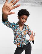 Topshop 70's Swirl Print Ruched Snap Shirt In Blue-blues