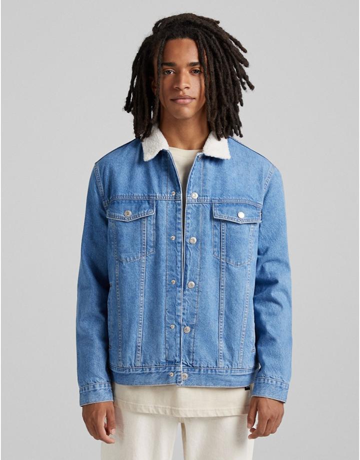 Bershka Denim Trucker Jacket With Borg Collar In Mid Blue-blues
