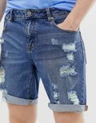 Asos Design Denim Shorts In Slim Dark Wash Blue With Heavy Rips - Blue
